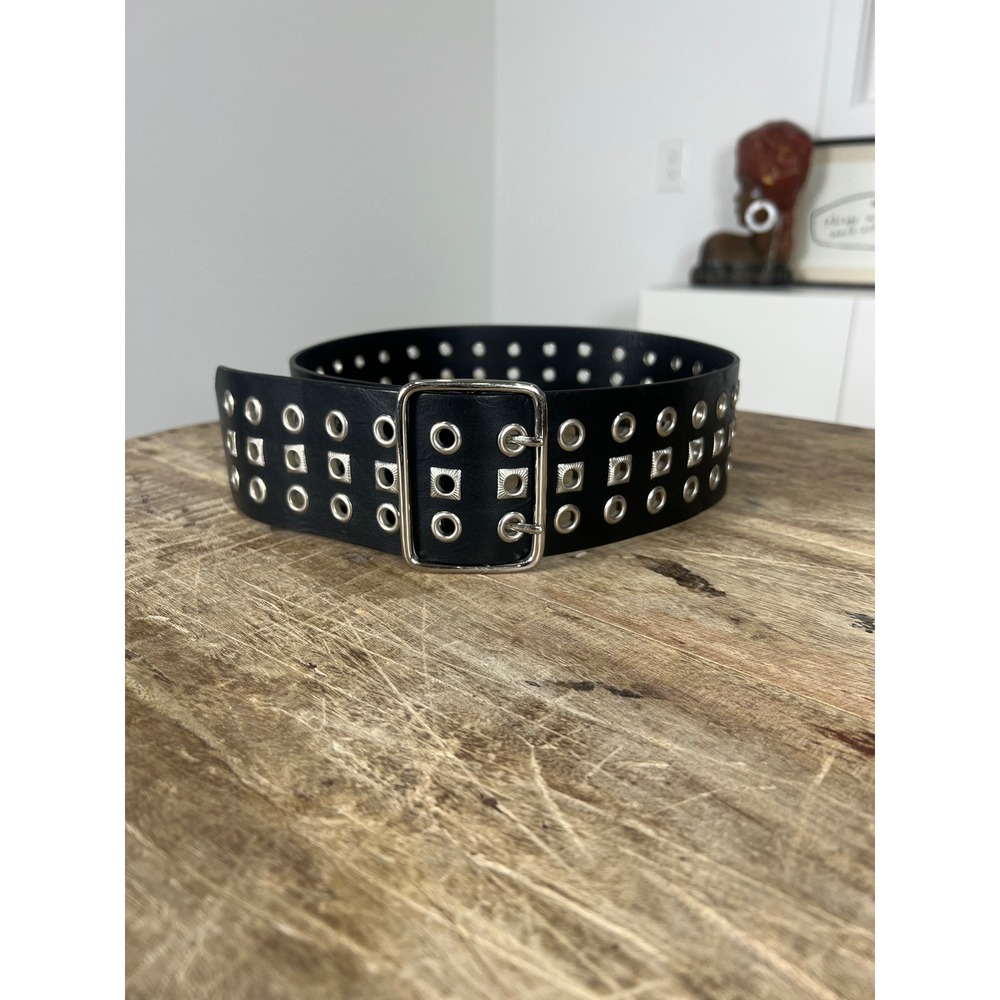Black Faux Leather Wide Triple Row Grommet Square Stud Belt Double Prong Buckle